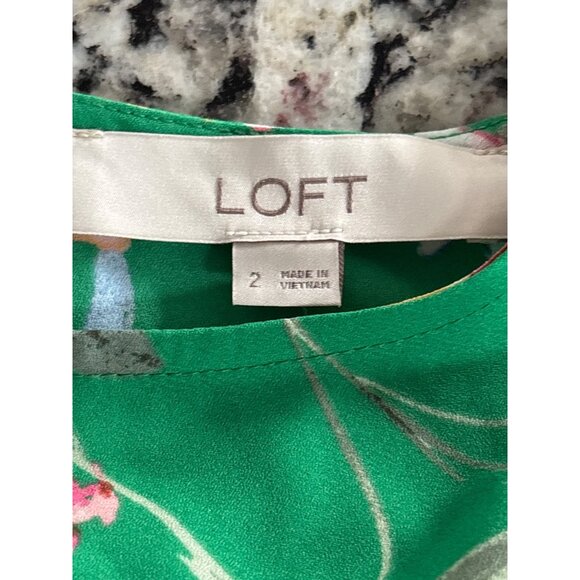 Loft Peplum Blouse Size 2 Floral Short Sleeve Back Zipper Green Multicolor Boho - Picture 5 of 8
